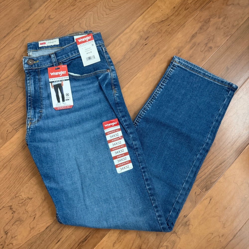 Wrangler Five Star Premium Mens Athletic Fit Stretch Jeans 34x32 Blue NWT